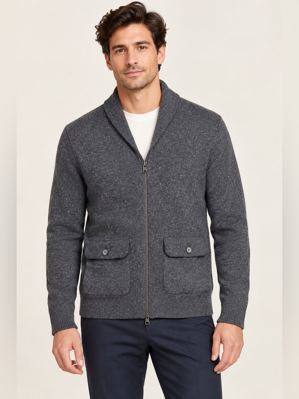 Banana Republic Men’s Wool Silk Shawl Collar Full Zip Cardigan Sweater Grey M - Picture 1 of 6
